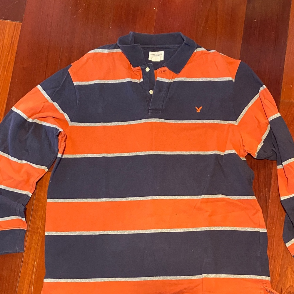 Vintage American Eagle Striped Orange and Navy Long Sleeve Polo